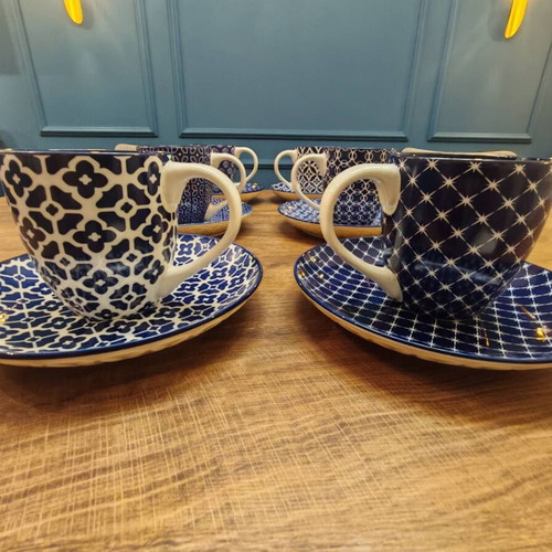 Dowan porcelain coffee and tea set royal blue 6 cups with 6 saucers new