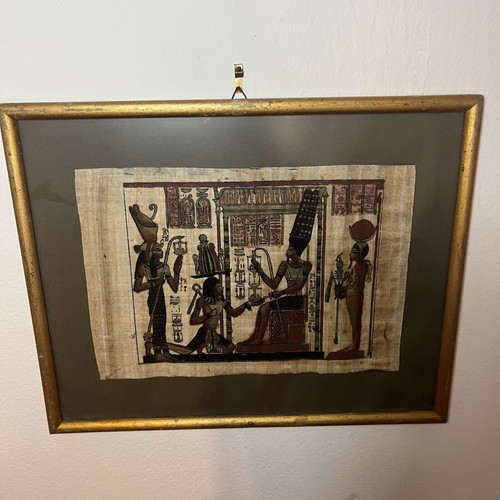 Vintage Αιγυπτιακός Πάπυρος σε χρυσή κορνίζα με φτερωτή θεότητα και ιερογλυφικά, μεταχειρισμένο