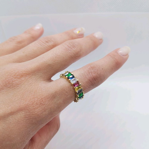 Gold-plated ring with multicolored baguette stones, new, size 8
