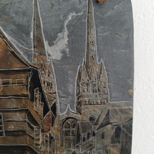 Decorative slate plaque with handmade engraving, French urban scene, like new