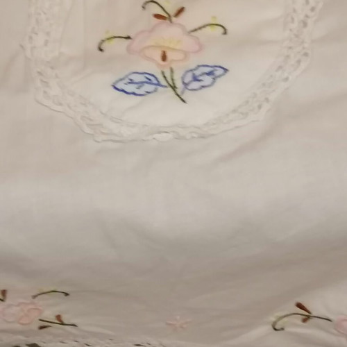 Two mid-century towels, one in excellent condition with lace, the other moderate