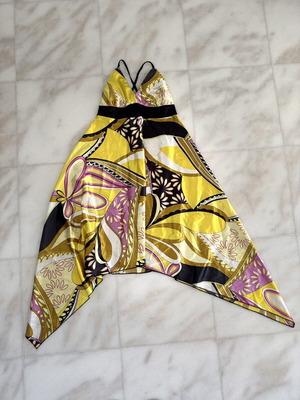 Satin Silk Dress backless with colorful geometric floral pattern, like new