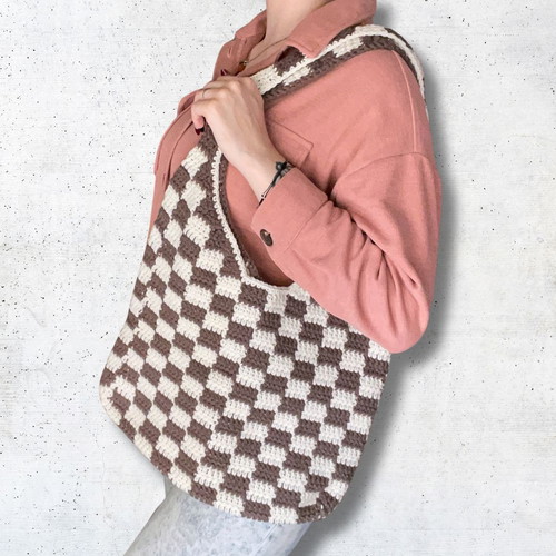 Handmade Checkered Bag | Brown & Beige | Tote bag | Shopper bag | Shoulder bag