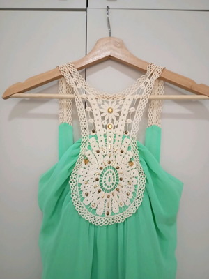 Long mint dress with lace and gold details, size Small, new