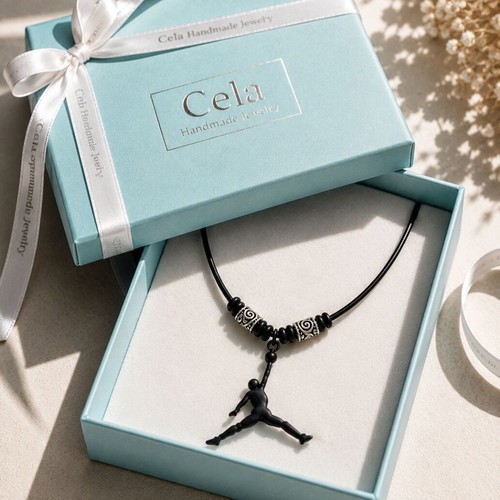 Handmade Unisex Necklace with JORDAN element, black leather cord, silver beads
