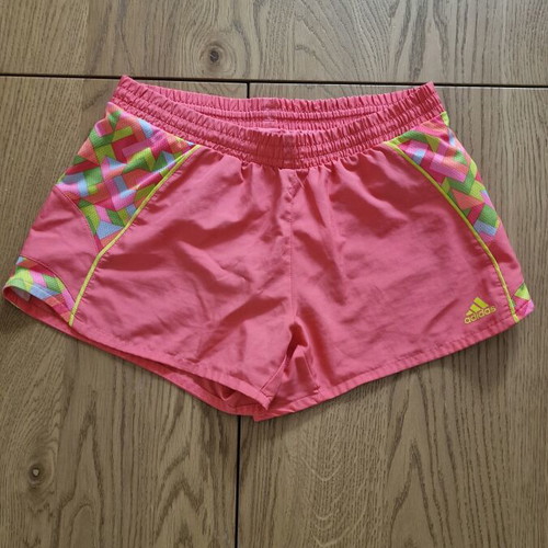 Adidas running shorts used, pink with patterned side panels and yellow accents, size S