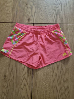Adidas running shorts used, pink with patterned side panels and yellow accents, size S