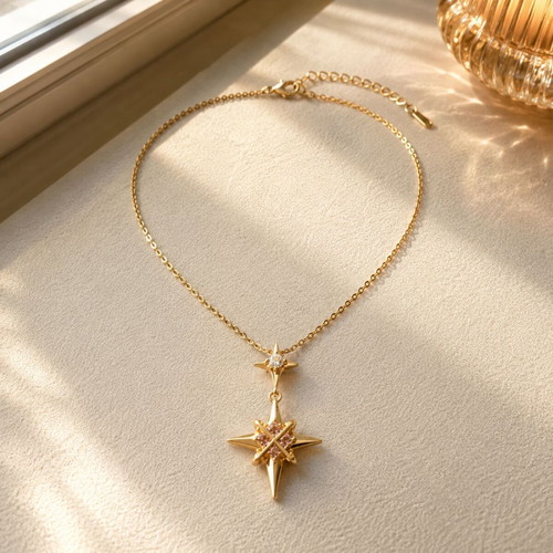 North Star gold necklace with star and pink crystals
