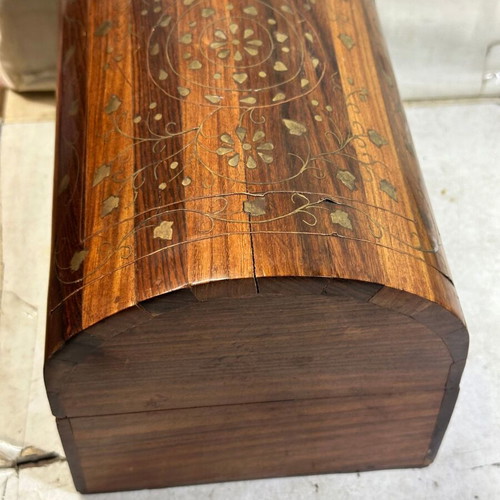 Vintage wooden chest with brass inlay used