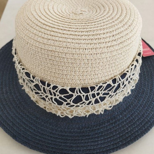 Doca Straw Hat new, beige and blue with scarf