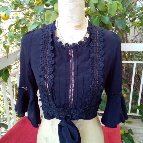 For Love & Lemons crop top blouse used, roomy Small, black