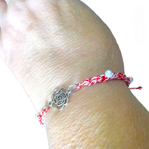 Handmade Martaki with silver metal rose and white pearls new