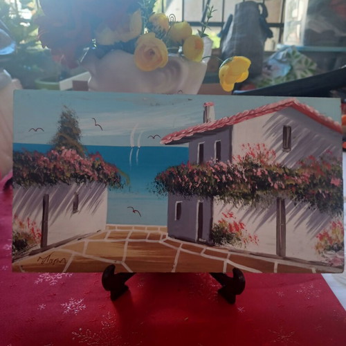 Handmade painting of Greek island with sea view used