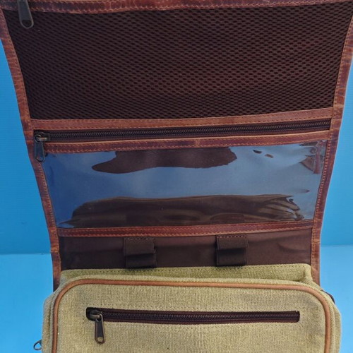 Moonster Toiletry Bag New, Genuine Buffalo Leather and Green Fabric