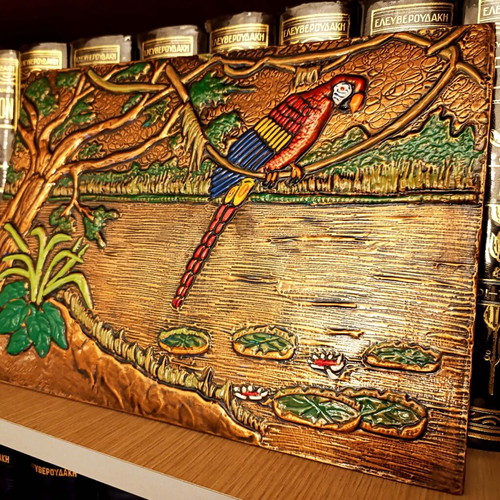 Handmade chalcography 1987 with parrot and exotic landscape like new