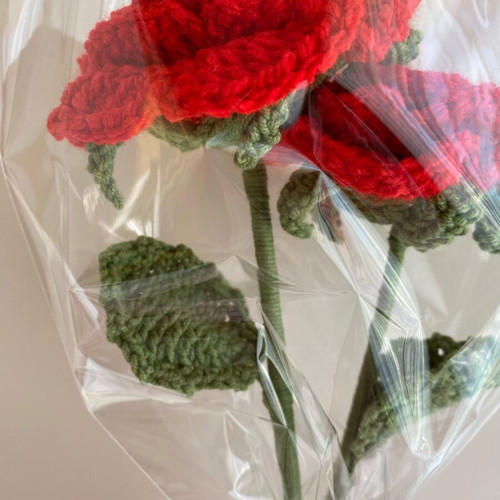 Bouquet with two knitted red roses new