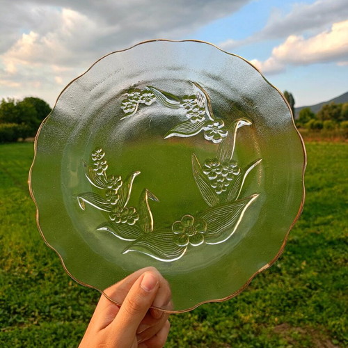 Glass dessert plates new, set of 7 crystal clear pieces