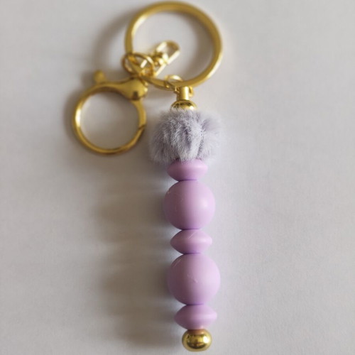 Handmade Pastel Purple Beaded Keychain with Fluffy Pom-Pom and Gold Hardware