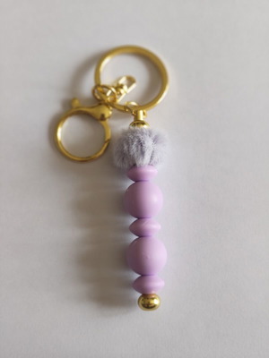 Handmade Pastel Purple Beaded Keychain with Fluffy Pom-Pom and Gold Hardware