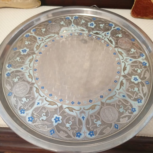 Vintage serving tray and fondue set with cloisonné enamel, like new