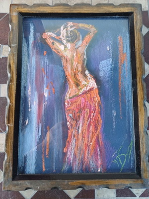 Painting "Woman Waiting" used, pastel with wooden frame