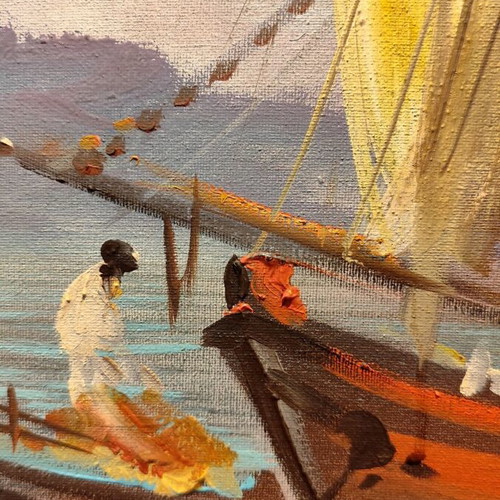 Oil painting used on canvas with seascape and fishing boats