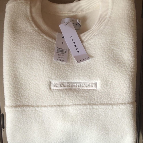 TopMan Teddy Sweater new, men's white fleece sweatshirt S-M