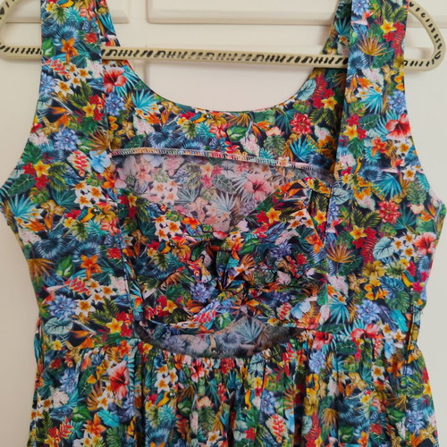 Chaton midi dress with tropical print and open back, Large
