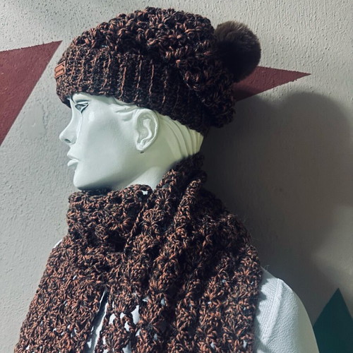 Handmade knitted set scarf, hat and gloves brown