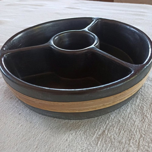 Ceramic serving platter with compartments, new, black with rattan trim