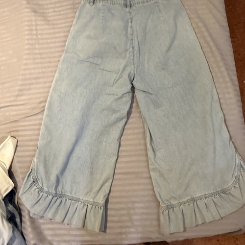 Denim pants with ruffles, light blue