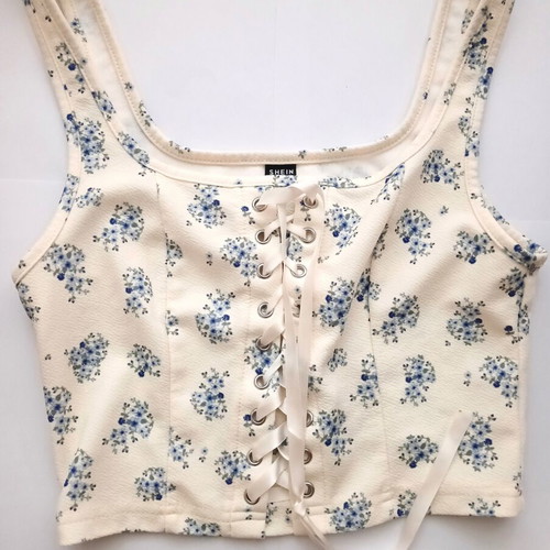 Shein Cropped Top with Floral Corset-Style Laces, Like New