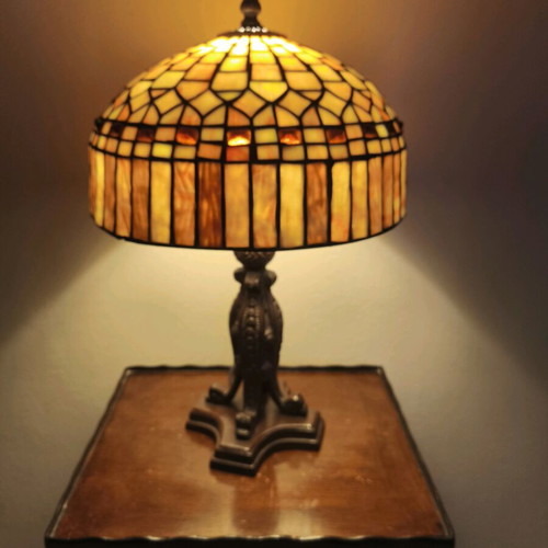 Vintage Tiffany-style table lamp with stained glass shade