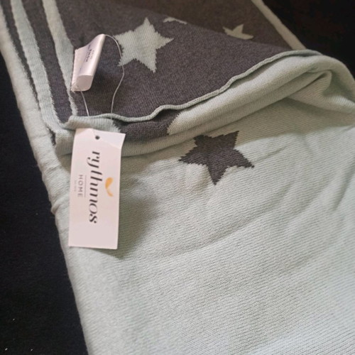 Rythmos baby blanket 100% cotton new, double-sided blue and gray with stars