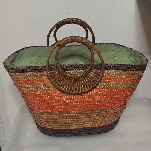 Straw beach bag with wooden handles used, multicolor