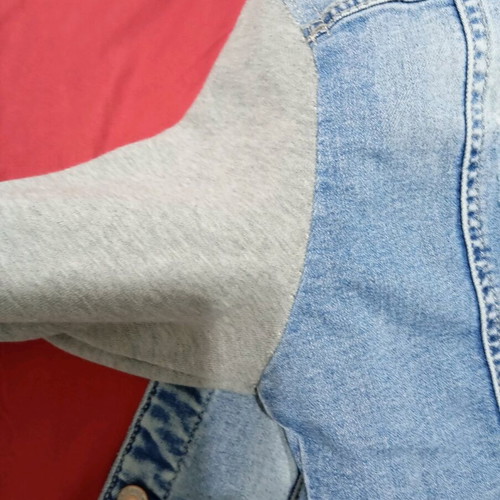 Denim jacket used with fabric sleeves and hood, size S