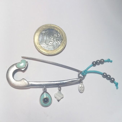 Gregio silver safety pin with turquoise enamel and mother of pearl charm new