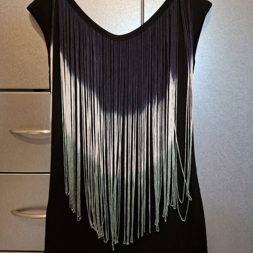 Denny Rose sleeveless blouse with colorful fringes like new, black