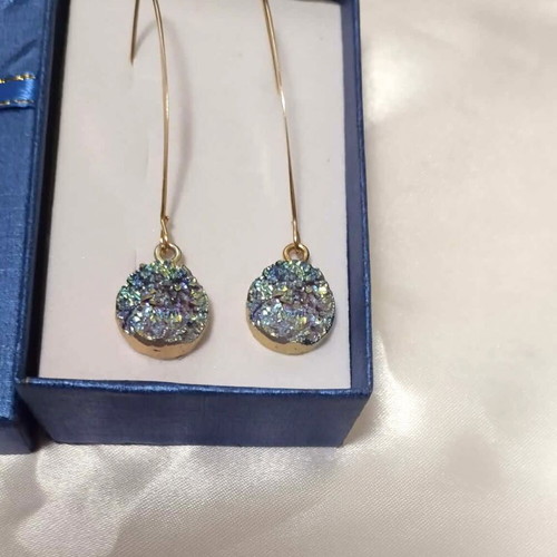 Dangling earrings new with blue petrol glitter