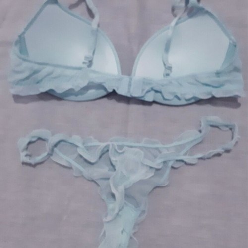 Zara Ousho lingerie set 80B bra and medium/large thong, new, elastic tulle, light blue