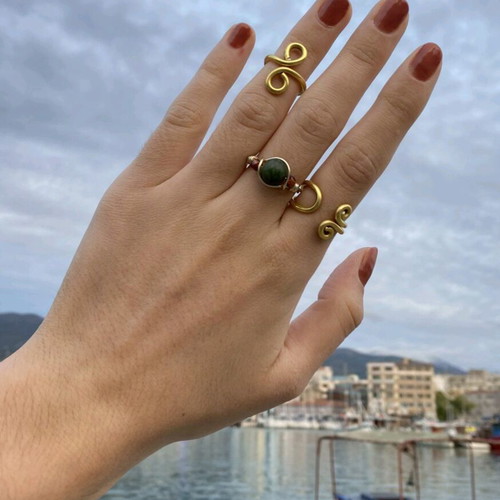 Stainless steel set of 3 handmade rings with nephrite gemstone