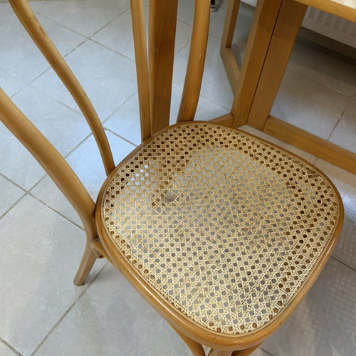 Multifunctional table with two used Viennese wicker chairs