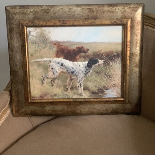 Oil painting on canvas by Thomas Blinks, setter dogs, like new