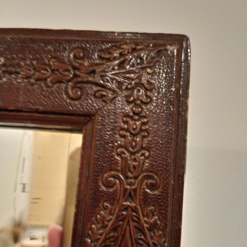 Antique carved wooden mirror used, dark brown oak