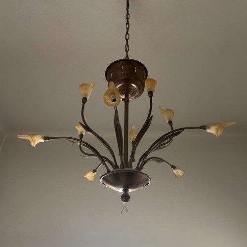 Ceiling light chandelier used, bronze frame with flower-shaped glass shades