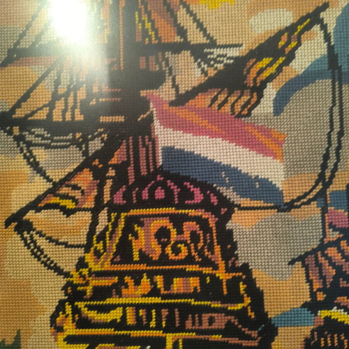 Vintage Embroidered Textile Painting with Dutch Ships like new