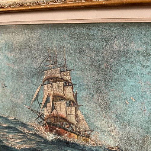 Oil Painting with Sailing Ship on Sea used, vintage nautical theme
