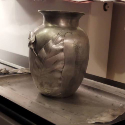 Vintage decorative set vase and rectangular tray Art Nouveau pewter finish