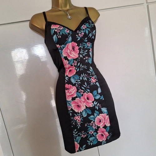 Floral dress black new, size 36/38, satin with lace trim