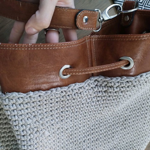 Handmade bucket bag used with brown leather details